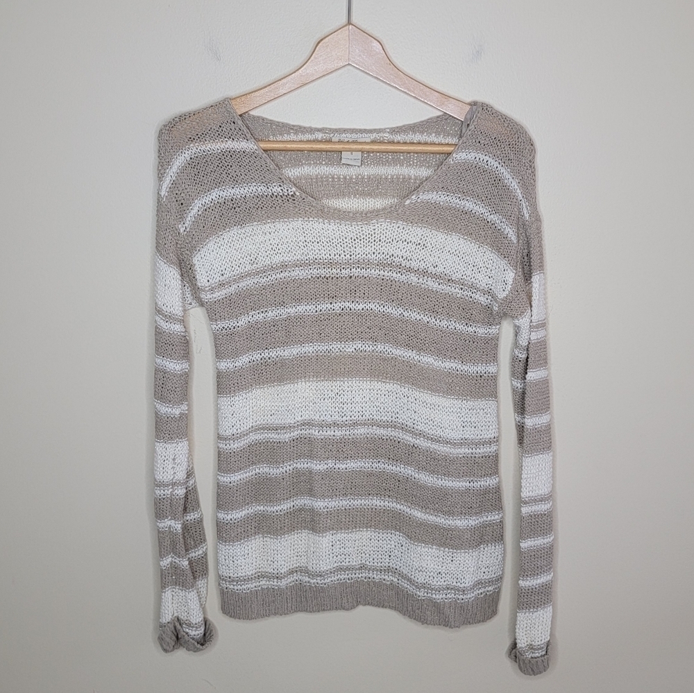 Lucky Brand Knit Tan & Cream Striped Sweater Size Small Boho Casual Work Weekend
